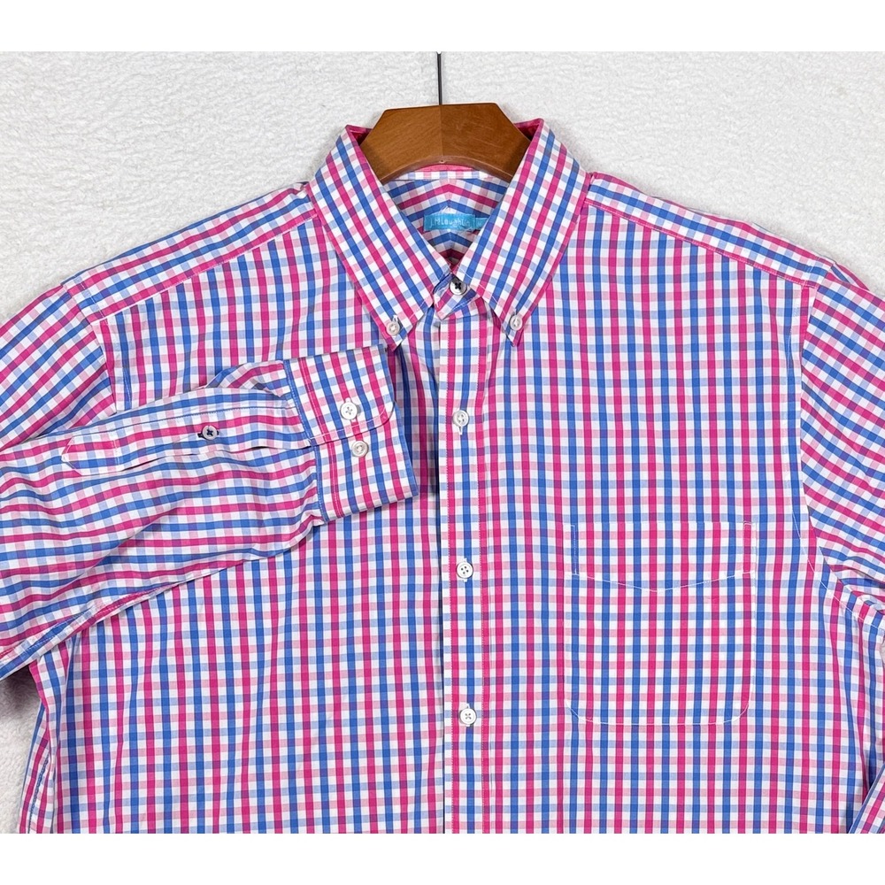 J.‎ McLaughlin Shirt Mens Medium M Pink Blue Gingham Check Cotton Button Down